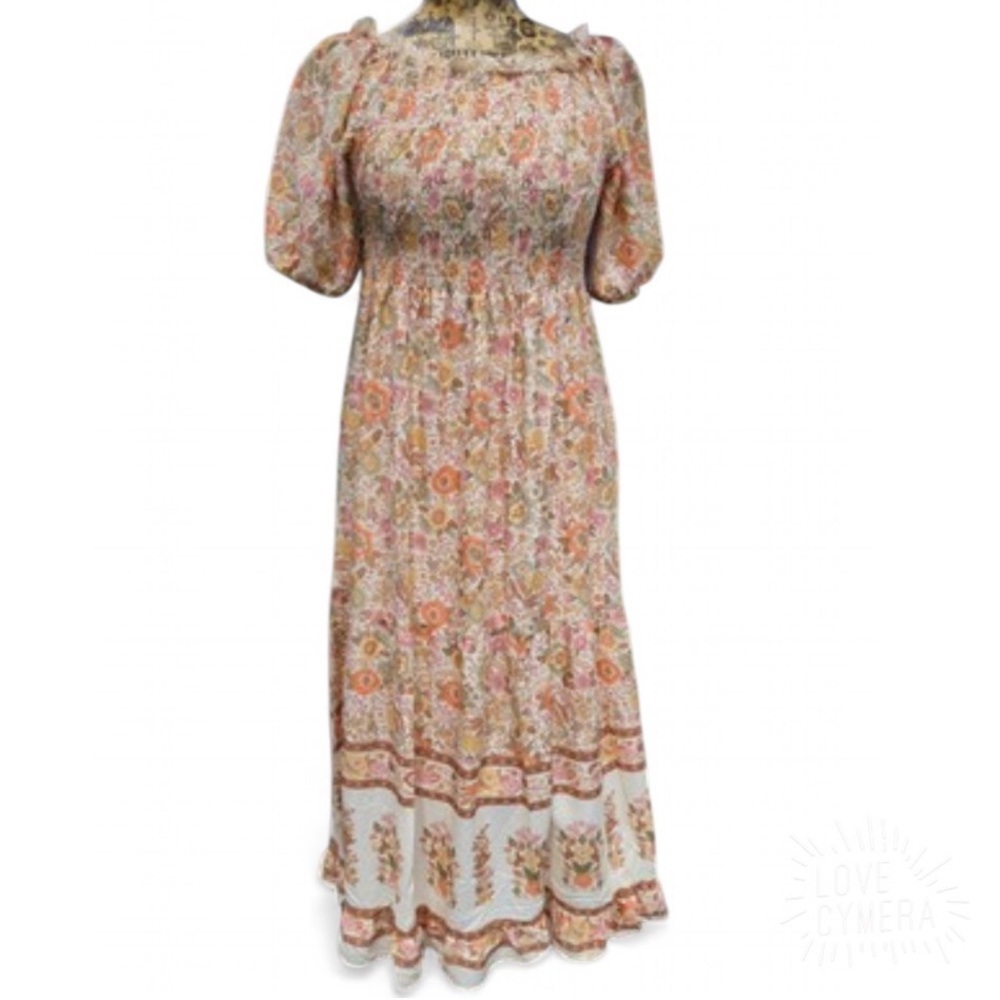 Kindred Boho Floral Smocked  Midi Maxi Dress Plus Size 3X Cream Rayon